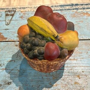 Vintage Canister Lid Fruit Woven Basket 1971 Handmade Apples Grapes Harvest MCM
